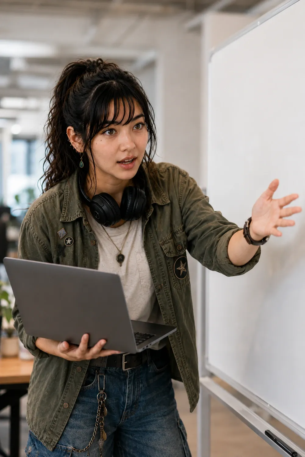 アスマティ・辰巳がホワイトボードの前で技術的な説明をしているイメージ